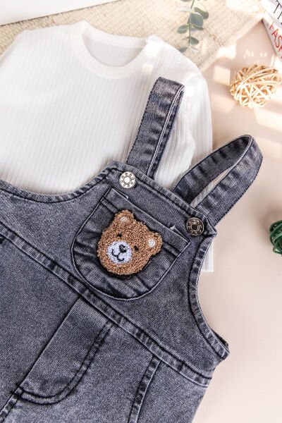 Ayıcık Fiğürlü Denim Erkek Bebek Kot Salopet Tulum