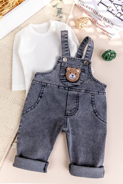 Ayıcık Fiğürlü Denim Erkek Bebek Kot Salopet Tulum