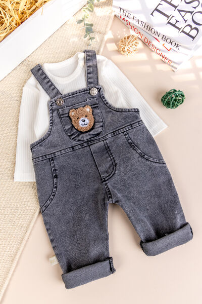 Ayıcık Fiğürlü Denim Erkek Bebek Kot Salopet Tulum