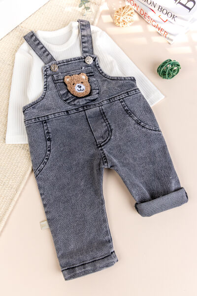 Ayıcık Fiğürlü Denim Erkek Bebek Kot Salopet Tulum