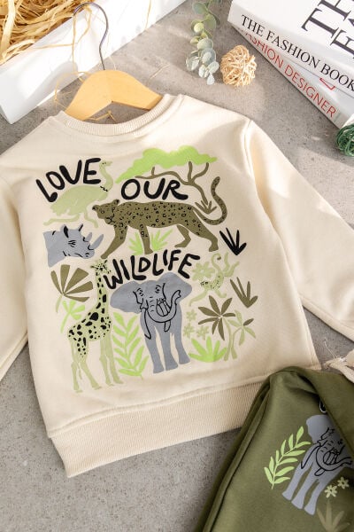 Erkek Çocuk Safari Desenli %100 Pamuk Sweatshırt Eşofman Alt-Üst Takım