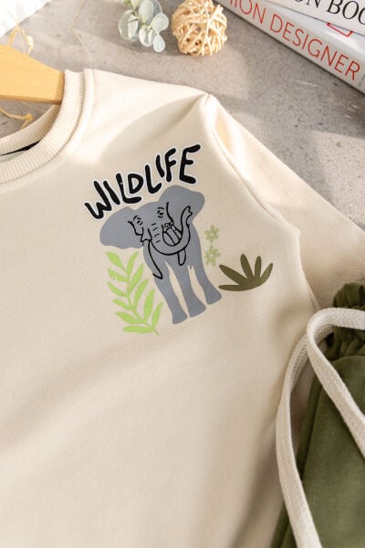 Erkek Çocuk Safari Desenli %100 Pamuk Sweatshırt Eşofman Alt-Üst Takım