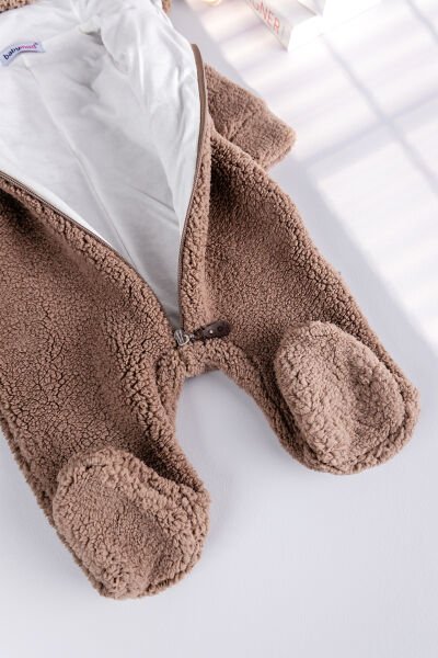 Kapüşonlu Welsoft Peluş Kışlık Kız/Erkek Bebek Tulum KAHVERENGİ - 3-6 AY