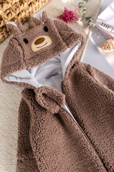 Kapüşonlu Welsoft Peluş Kışlık Kız/Erkek Bebek Tulum KAHVERENGİ - 3-6 AY