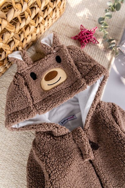 Kapüşonlu Welsoft Peluş Kışlık Kız/Erkek Bebek Tulum KAHVERENGİ - 3-6 AY
