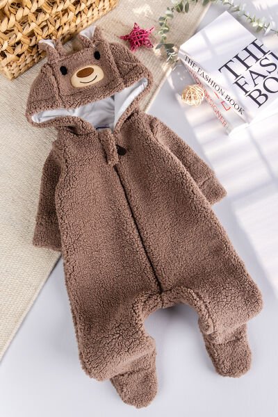 Kapüşonlu Welsoft Peluş Kışlık Kız/Erkek Bebek Tulum KAHVERENGİ -  9-12 AY