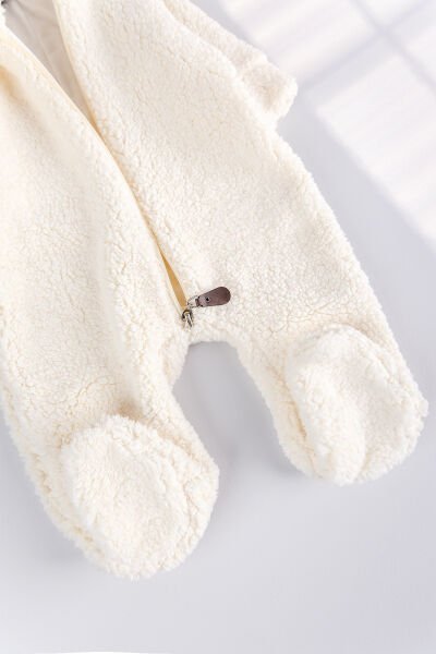Kapüşonlu Welsoft Peluş Kışlık Kız/Erkek Bebek Tulum KREM -  0-3 AY