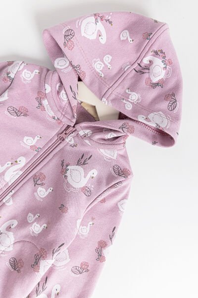 Kuğu Desenli Kapüşonlu Kız Bebek Hırka Gül kurusu -  9-12 AY