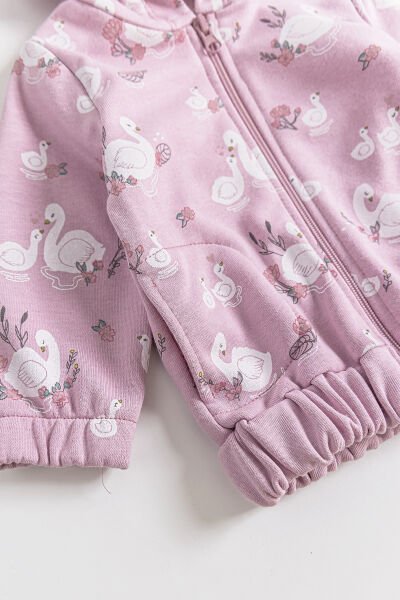 Kuğu Desenli Kapüşonlu Kız Bebek Hırka Gül kurusu -  9-12 AY