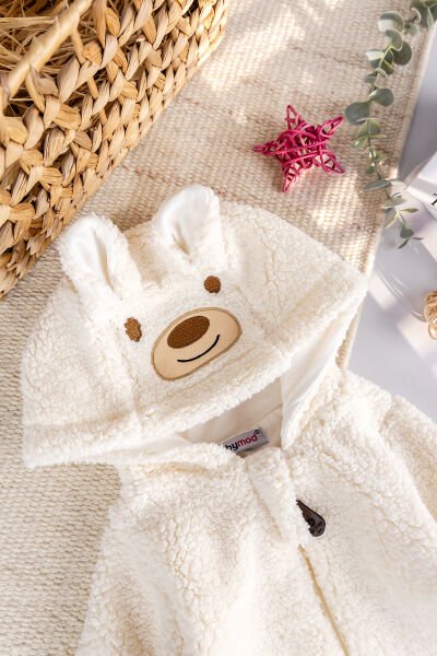 Kapüşonlu Welsoft Peluş Kışlık Kız/Erkek Bebek Tulum KREM -  6-9 AY