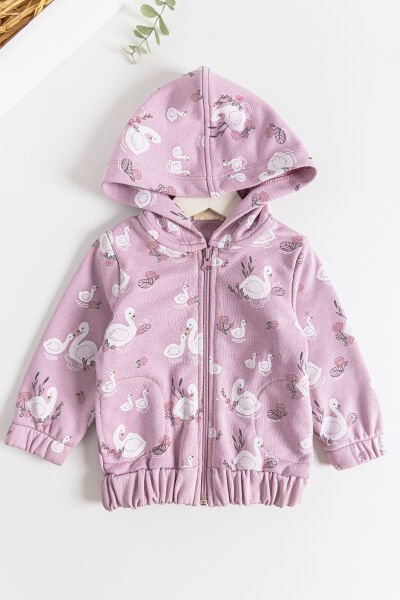 Kuğu Desenli Kapüşonlu Kız Bebek Hırka Gül kurusu -  12-18 AY