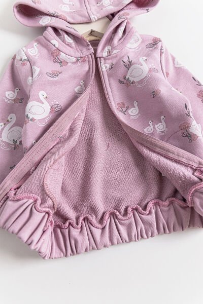 Kuğu Desenli Kapüşonlu Kız Bebek Hırka Gül kurusu -  12-18 AY