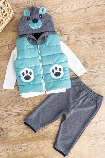 Panda Figürlü Kapüşonlu Şişme Yelekli 3 Parça Erkek Bebek Takım