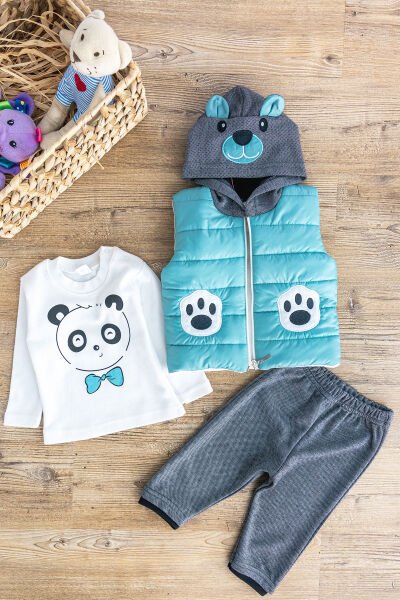 Panda Figürlü Kapüşonlu Şişme Yelekli 3 Parça Erkek Bebek Takım