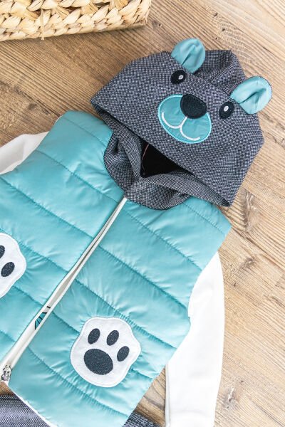 Panda Figürlü Kapüşonlu Şişme Yelekli 3 Parça Erkek Bebek Takım