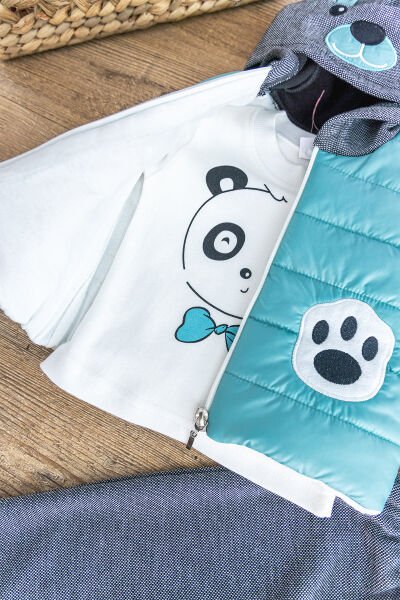 Panda Figürlü Kapüşonlu Şişme Yelekli 3 Parça Erkek Bebek Takım