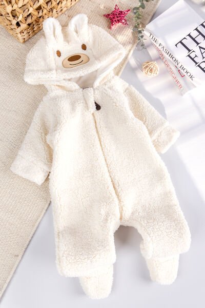 Kapüşonlu Welsoft Peluş Kışlık Kız/Erkek Bebek Tulum KREM -  9-12 AY