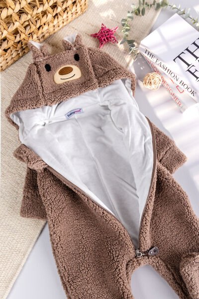 Kapüşonlu Welsoft Peluş Kışlık Kız/Erkek Bebek Tulum KAHVERENGİ -  0-3 AY