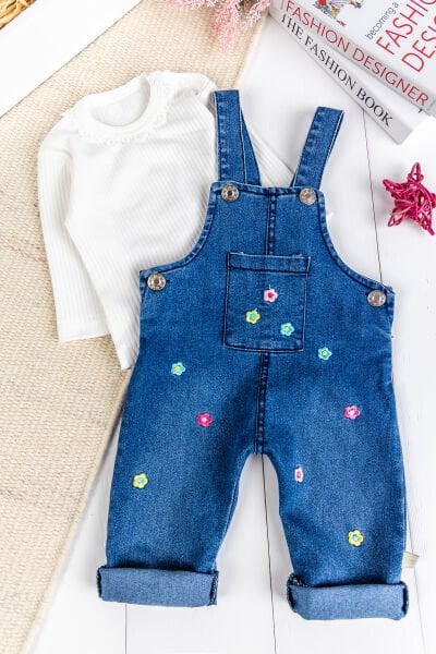 Çiçek Nakışlı Kot  2'li Kız Bebek Salopet Tulum MAVİ -  9-12 AY