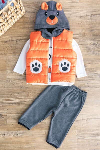 Panda Figürlü Kapüşonlu Şişme Yelekli 3 Parça Erkek Bebek Takım