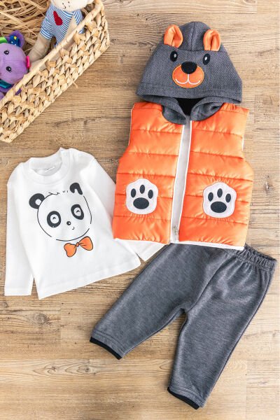 Panda Figürlü Kapüşonlu Şişme Yelekli 3 Parça Erkek Bebek Takım