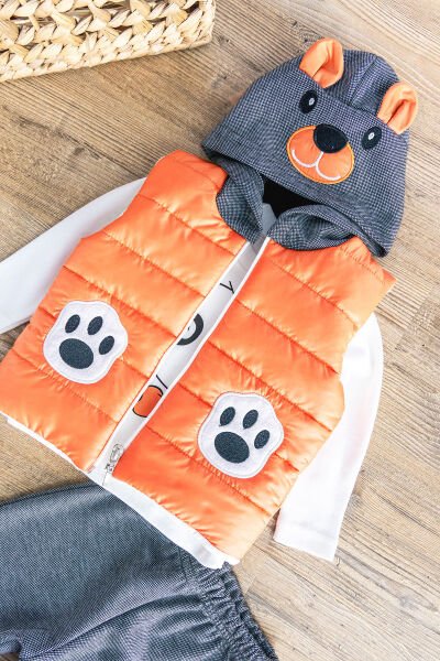 Panda Figürlü Kapüşonlu Şişme Yelekli 3 Parça Erkek Bebek Takım