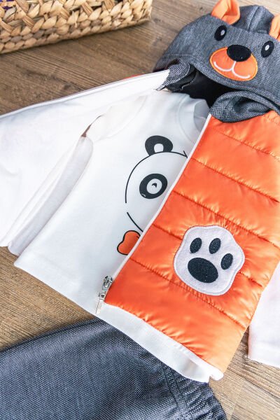 Panda Figürlü Kapüşonlu Şişme Yelekli 3 Parça Erkek Bebek Takım