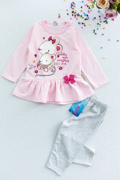 Fiyonk Süslemeli Kız Bebek İkili Bebek Takım