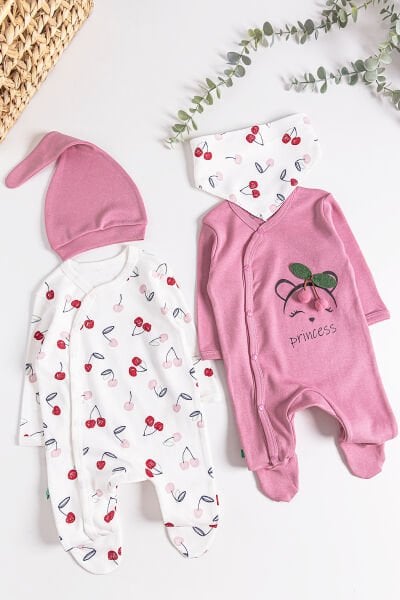 Kiraz Desenli 2'li Uzun Kollu Kız Bebek Tulum Takım