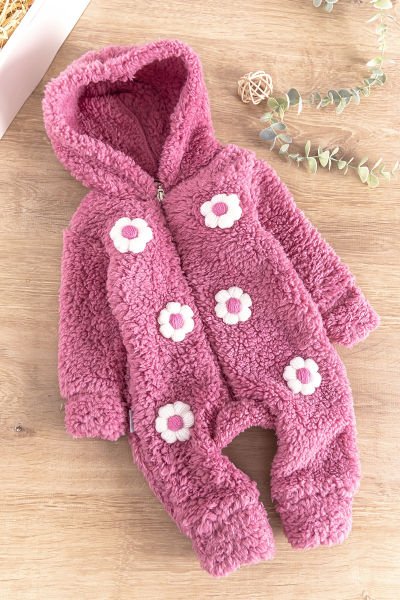 Papatya İşlemeli Kışlık Welsoft Peluş Kız Bebek Tulum