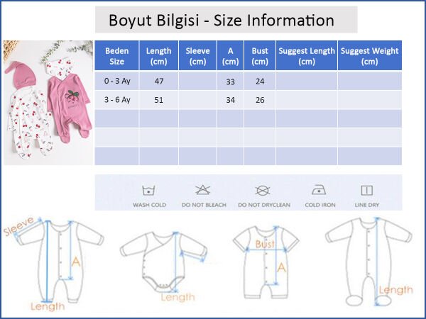Kiraz Desenli 2'li Uzun Kollu Kız Bebek Tulum Takım PEMBE -  0-3 AY