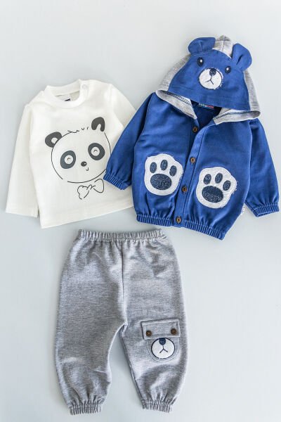Erkek Bebek Takım Panda Figürlü 3 Parça Erkek Bebek Takım