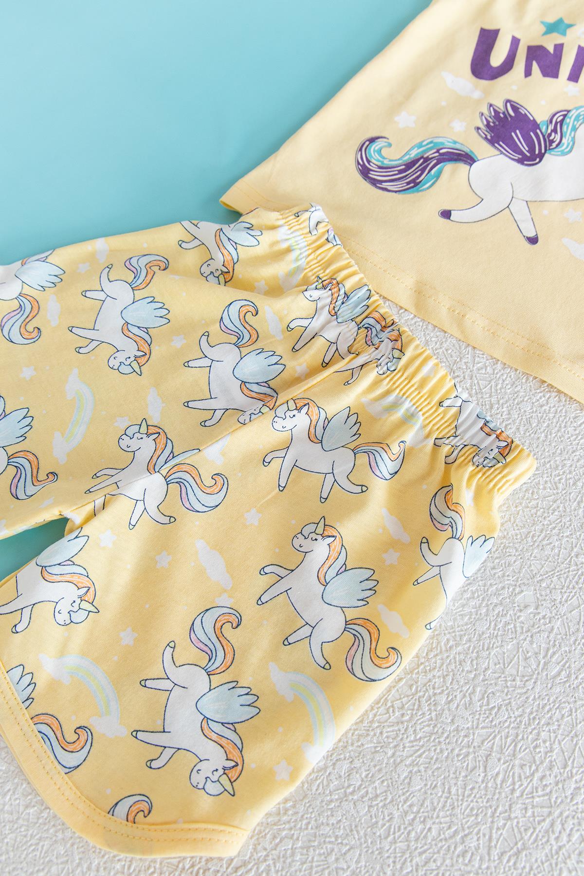Kız Çocuk Unicorn Yazlık Pijama Takımı SARI - 4 Yaş