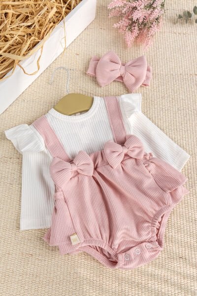 Bandanalı Fiyonklu Kız Bebek Elbise Tulum SOMON - 3-6 AY