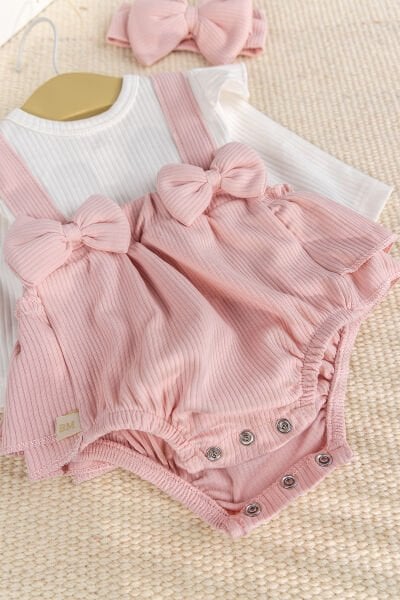 Bandanalı Fiyonklu Kız Bebek Elbise Tulum SOMON - 3-6 AY