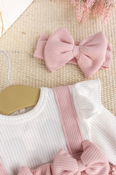 Bandanalı Fiyonklu Kız Bebek Elbise Tulum SOMON - 3-6 AY