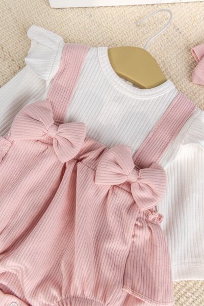 Bandanalı Fiyonklu Kız Bebek Elbise Tulum SOMON - 3-6 AY