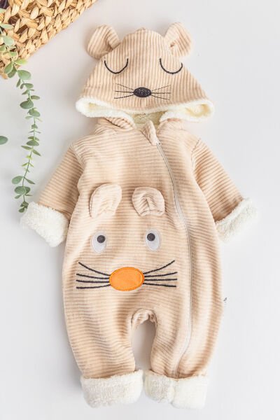 Figürlü İçi Peluş Kadife Erkek Bebek Tulum