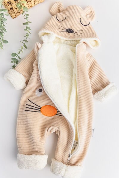 Figürlü İçi Peluş Kadife Erkek Bebek Tulum