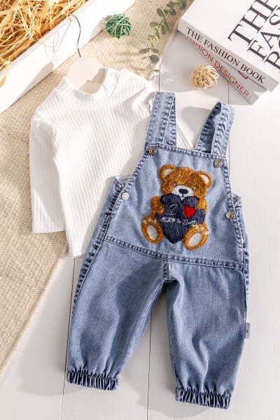 Ayıcık Figürlü Denim 2'li Erkek Bebek Kot Salopet Tulum