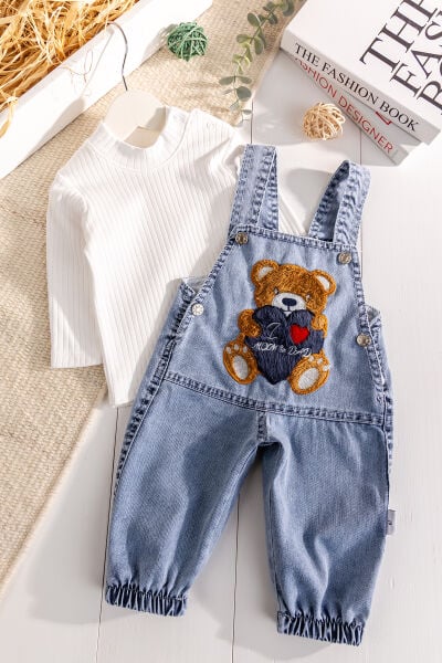Ayıcık Figürlü Denim 2'li Erkek Bebek Kot Salopet Tulum