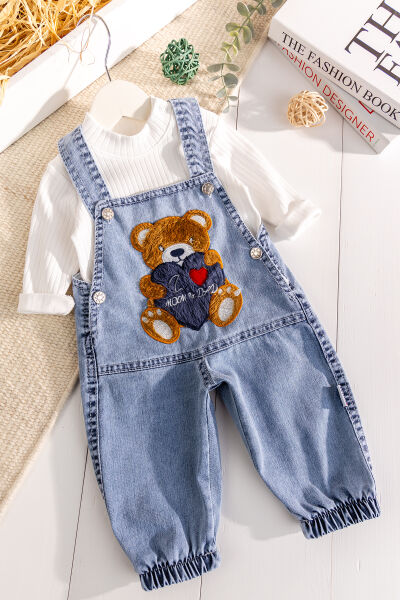 Ayıcık Figürlü Denim 2'li Erkek Bebek Kot Salopet Tulum