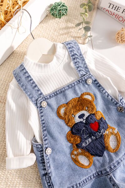 Ayıcık Figürlü Denim 2'li Erkek Bebek Kot Salopet Tulum
