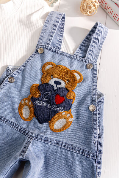 Ayıcık Figürlü Denim 2'li Erkek Bebek Kot Salopet Tulum