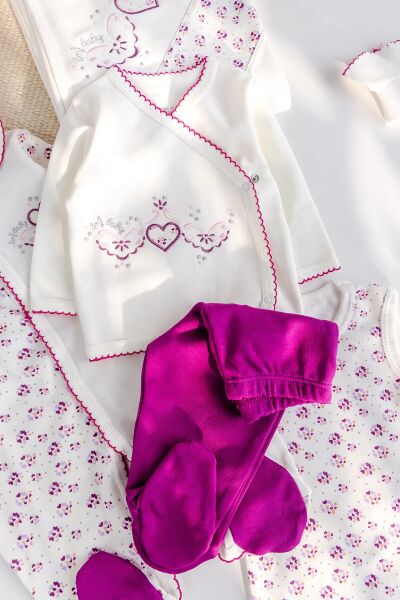 Kalp İşlemeli 100% Pamuk 10'lu Kız Bebek Hastane Çıkışı Bebek Set