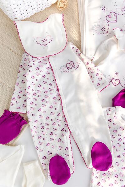 Kalp İşlemeli 100% Pamuk 10'lu Kız Bebek Hastane Çıkışı Bebek Set