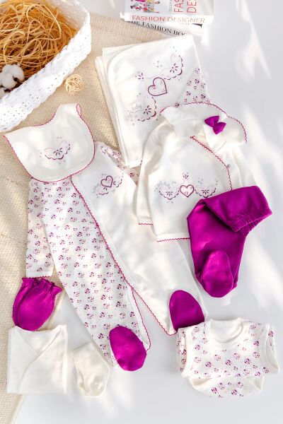 Kalp İşlemeli 100% Pamuk 10'lu Kız Bebek Hastane Çıkışı Bebek Set