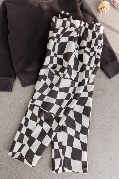 Çocuk Smıley Baskılı Antrasit Sweatshirt ve Dama Desenli Eşofman Takımı
