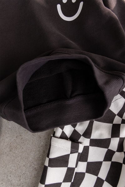 Çocuk Smıley Baskılı Antrasit Sweatshirt ve Dama Desenli Eşofman Takımı