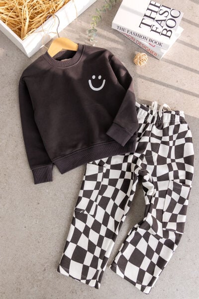 Çocuk Smıley Baskılı Antrasit Sweatshirt ve Dama Desenli Eşofman Takımı